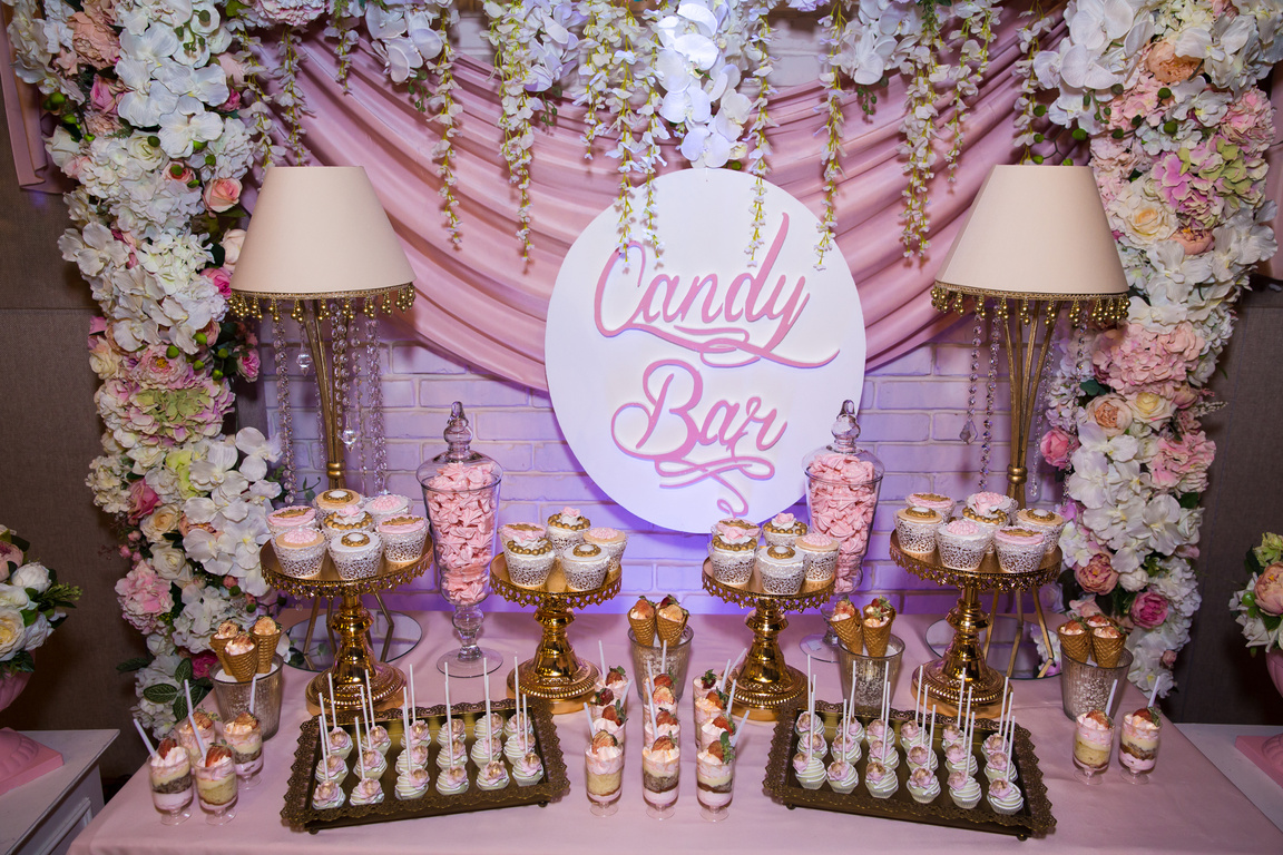 Candy bar. Table with sweets, candies, dessert