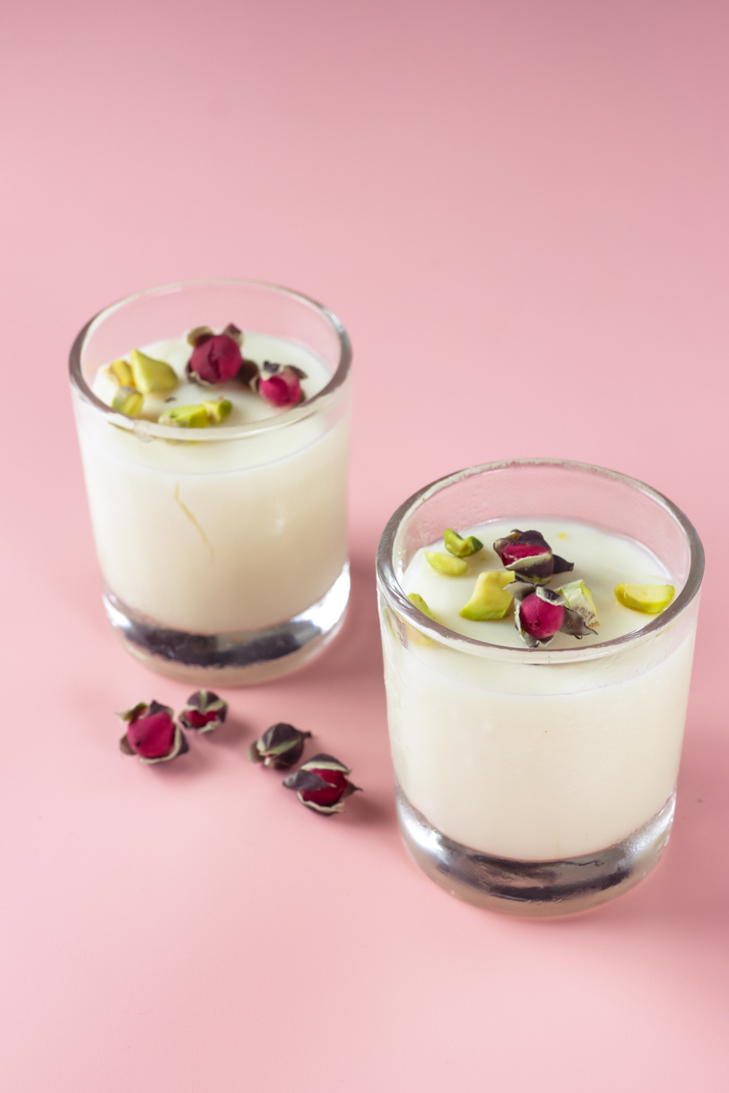 Mahalabia or malabi. Arabic milk pudding topping with rose